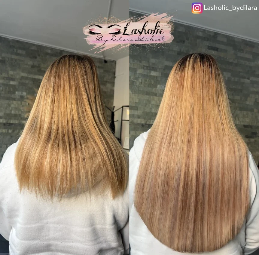 Zwei Rückansichten zeigen blondes Haar vor und nach einer Haarverlängerung.